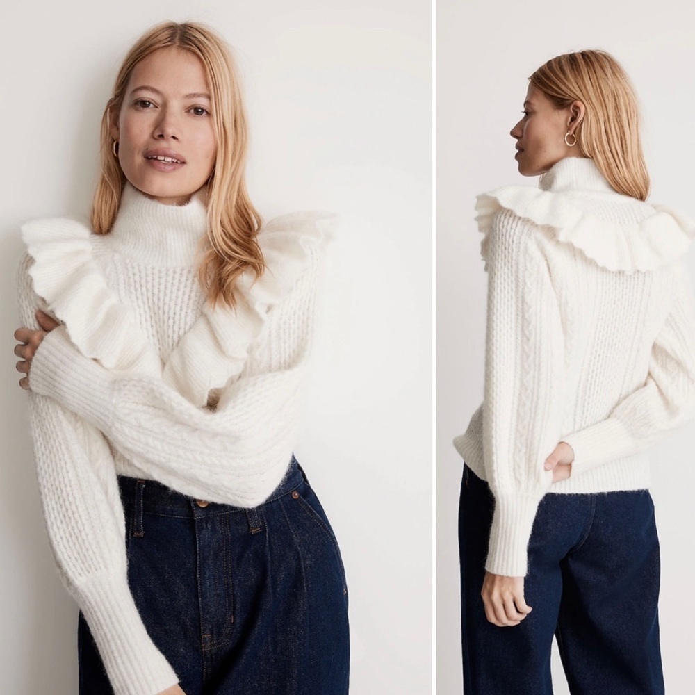 Madewell NWT Cable Winslow Mockneck Pullover Sweater Antique Cream NEW Medium